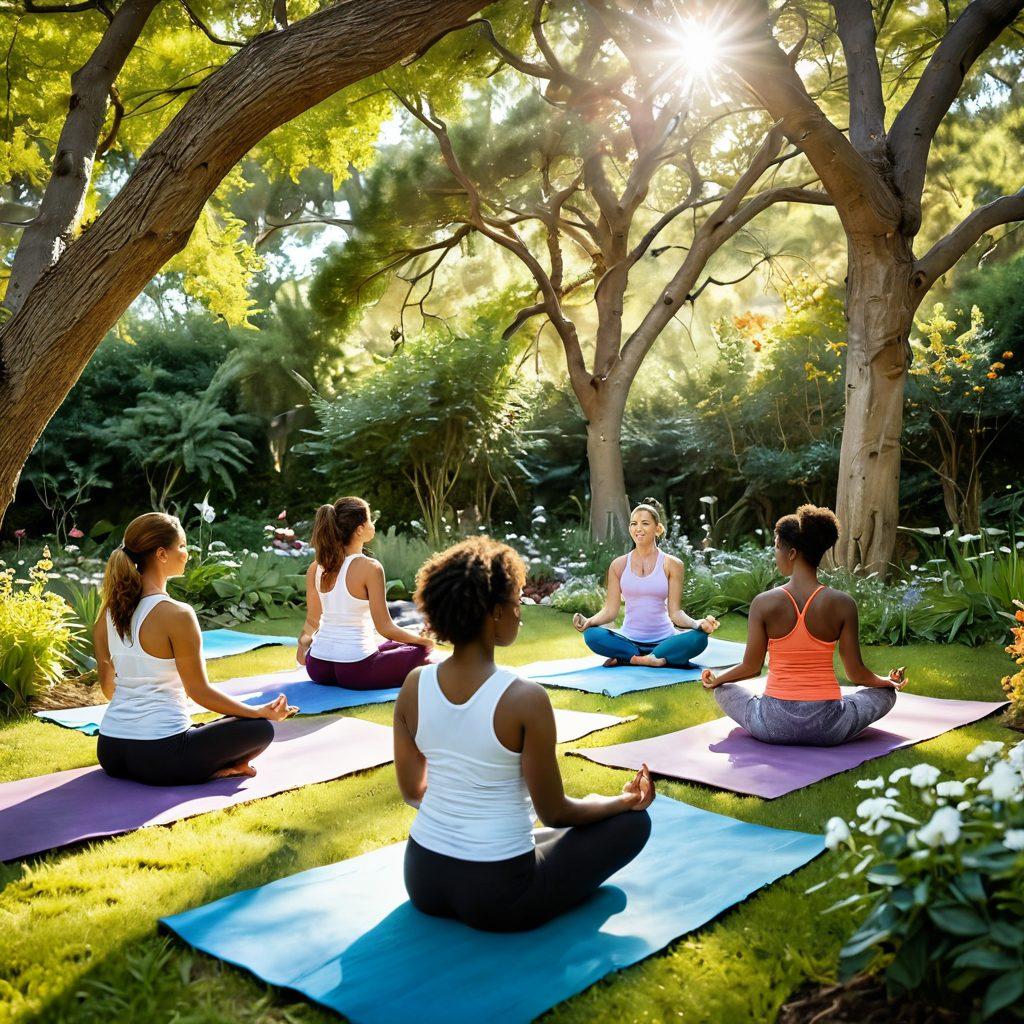 A serene garden setting featuring diverse individuals engaging in various holistic wellness activities, such as yoga, meditation, and group support circles. Incorporate symbols of hope like butterflies and blooming flowers, with gentle sunlight filtering through the trees. Highlight a sense of community and empowerment, with soft, healing colors dominating the scene. Focus on warmth and positivity. super-realistic. vibrant colors. soft focus.