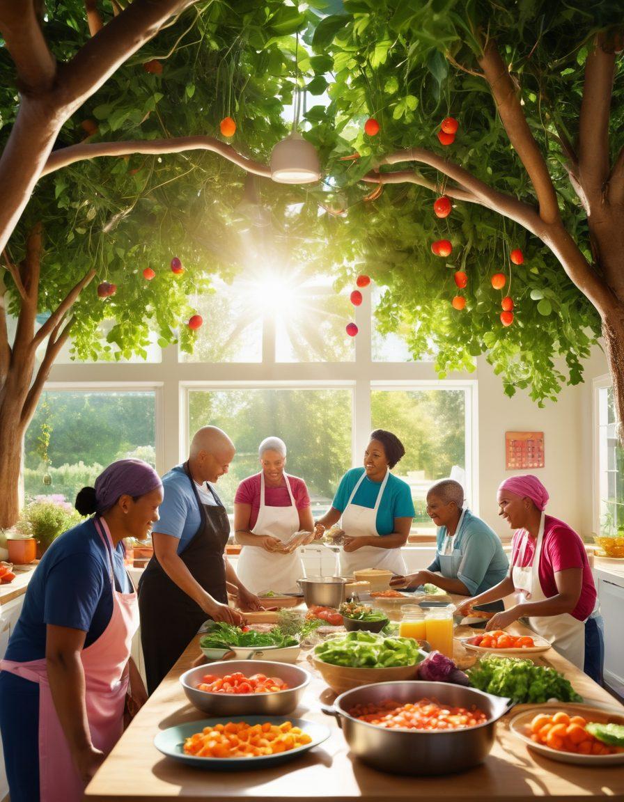 An uplifting scene depicting a diverse group of cancer survivors engaging in a vibrant community kitchen, preparing colorful, nutritious meals together. The backdrop features bright sunlight filtering through trees, symbolizing hope and healing. Include elements representing mental wellness, like plants and motivational quotes on walls, creating a warm, inspiring atmosphere. super-realistic. vibrant colors. soft focus.